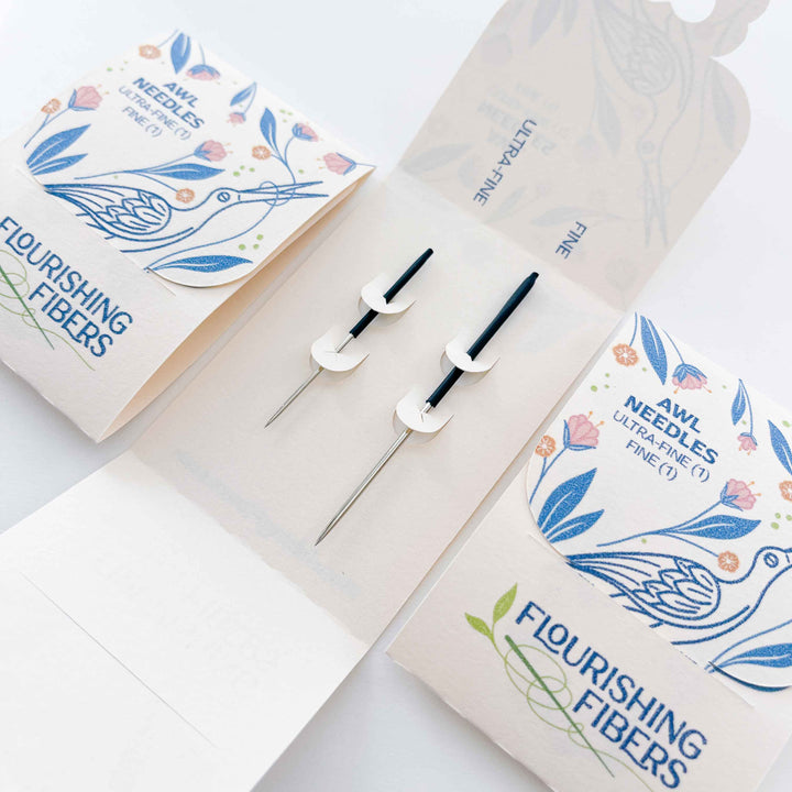 Flourishing Fibers awl needles with packaging on a white background
