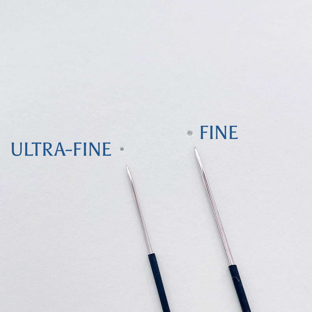 Two fine needles labeled 'Ultra-Fine' and 'Fine' on a light gray background.