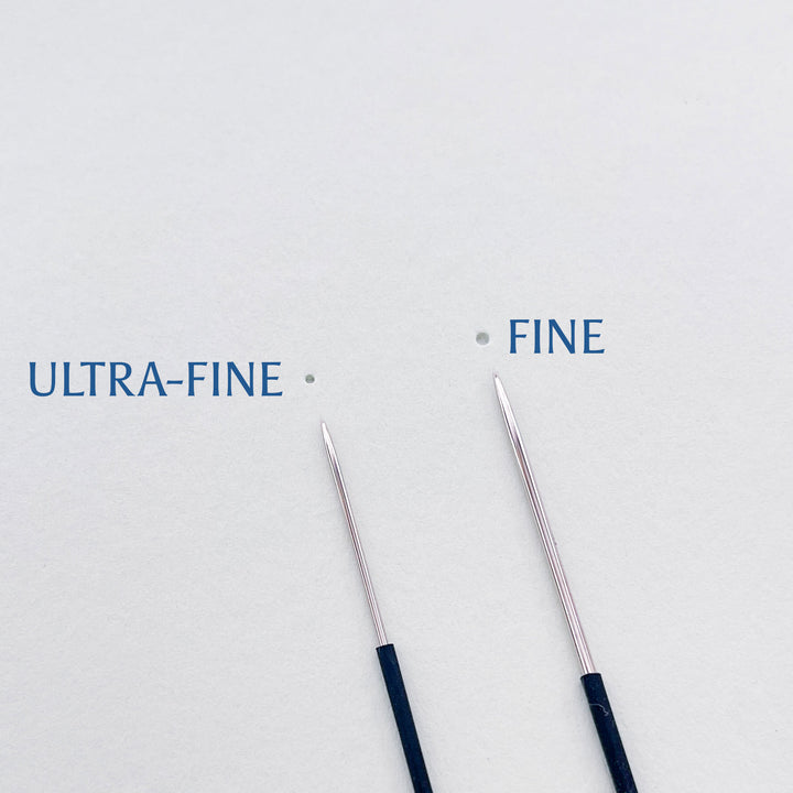 Two fine needles labeled 'Ultra-Fine' and 'Fine' on a light gray background.