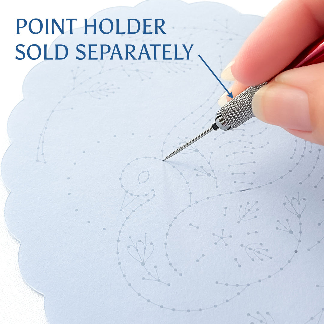 Hand holding a needle with a point holder on a white background, text 'Point Holder Sold Separately' displayed.