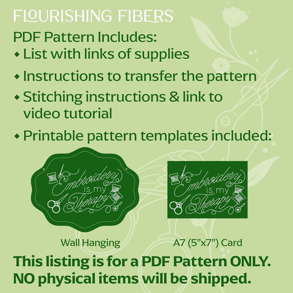 Flourishing Fibers PDF pattern description on a green background with embroidery-themed graphics.