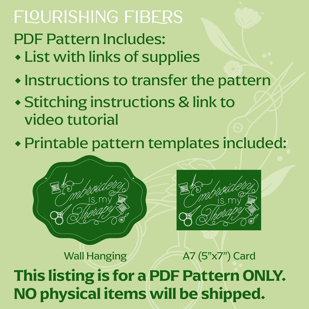 Flourishing Fibers PDF pattern description on a green background with embroidery-themed graphics.