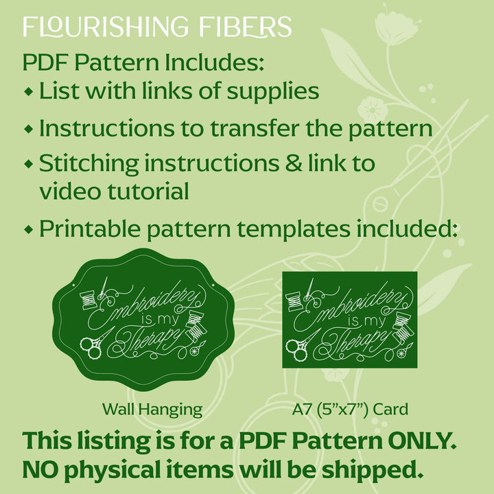 Flourishing Fibers PDF pattern description on a green background with embroidery-themed graphics.