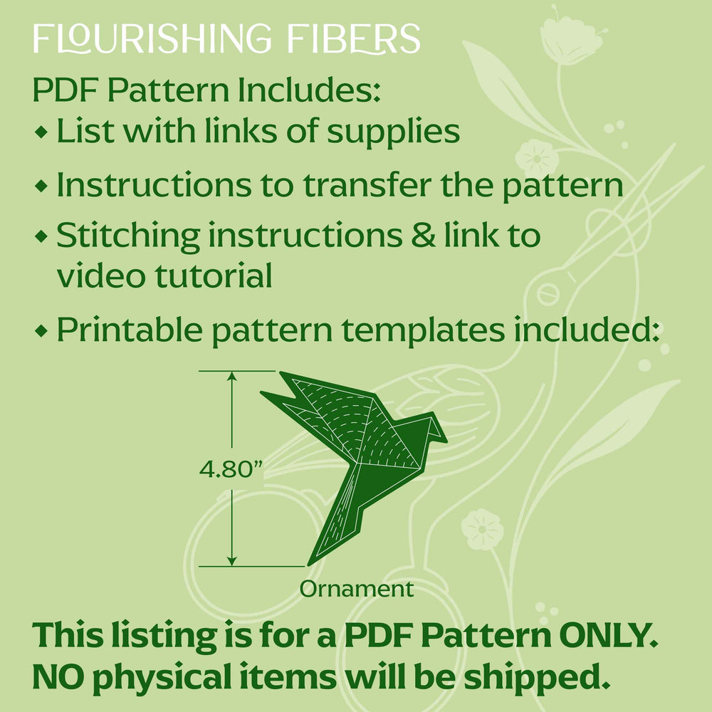 Flourishing Fibers PDF pattern description with a green bird ornament design on a green background.