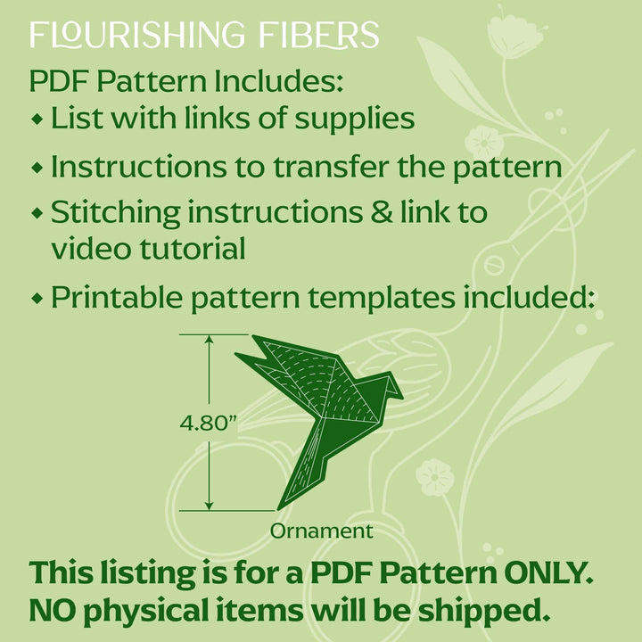 Flourishing Fibers PDF pattern description with a green bird ornament design on a green background.