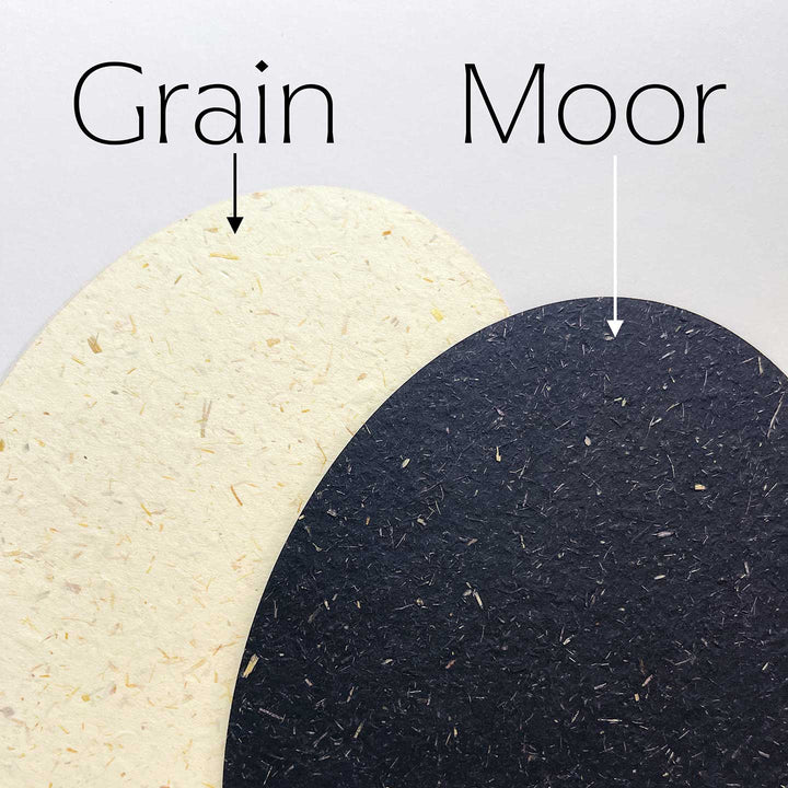 Two overlapping circular paper samples on a light gray background, labeled &