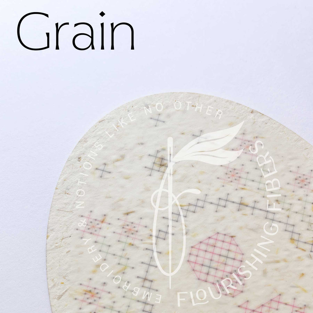 A close-up of a circular textile sample labeled &