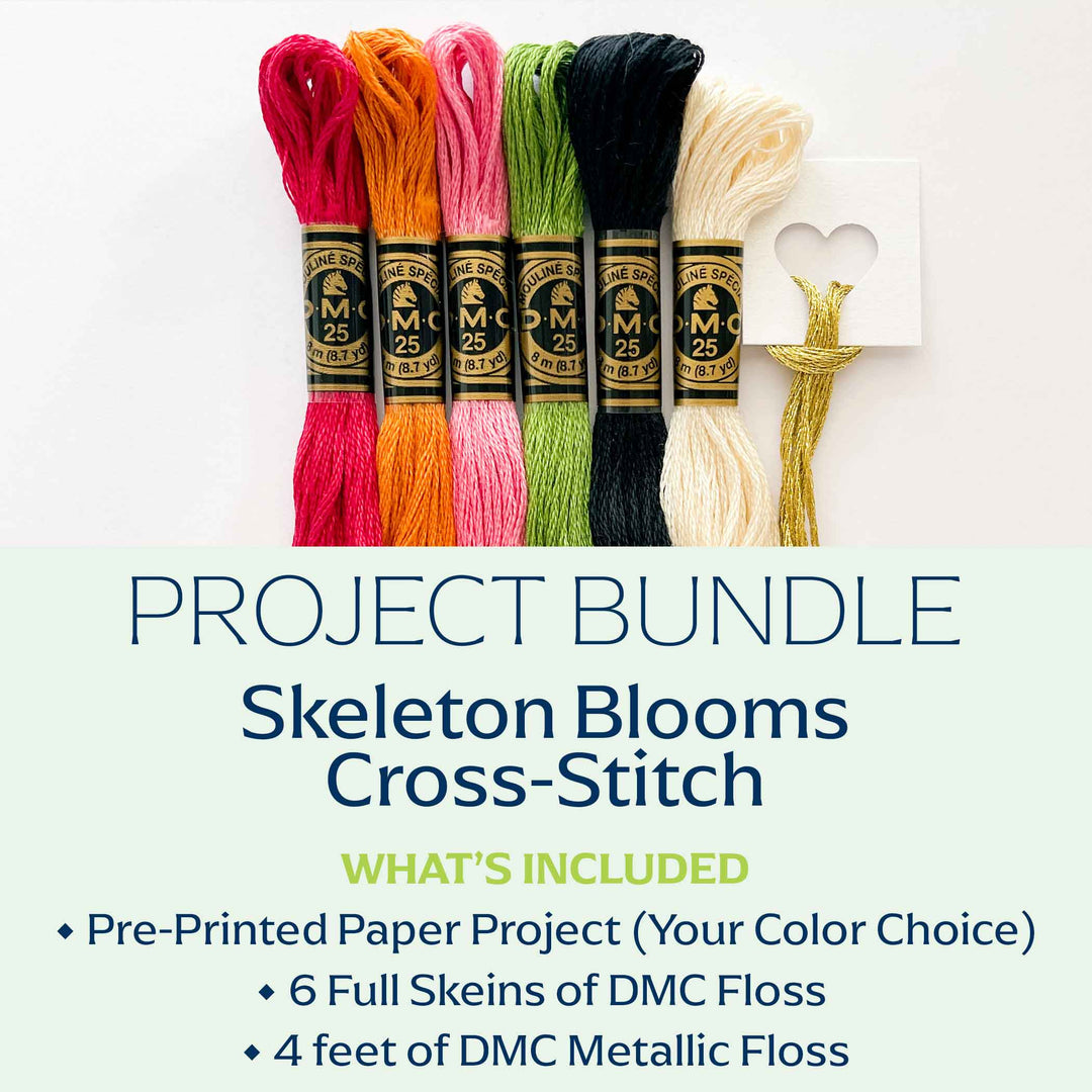 Six skeins of DMC cross-stitch embroidery floss in assorted colors including pink, orange, light pink, green, black, cream, and metallic gold, displayed above text reading &