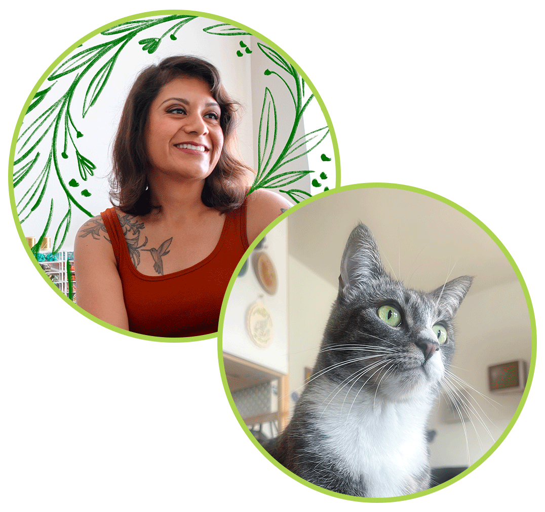 Two circular insets showing a woman and a cat with a green leafy border.